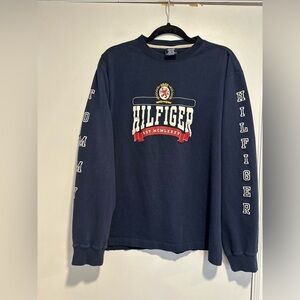 VTG 90s Y2K Tommy Hilfiger Sz:L Navy Graphic Spellout Long Sleeve Crew Neck Top.